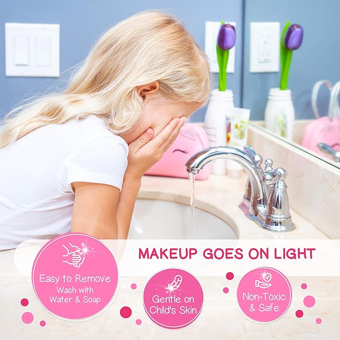 Kids Real Makeup Kit for Girls with Pink Unicorn Purse - Non-Toxic Washable Make Up Toy - Valentines Day Gift for Kids Toddlers Young Children Ages 3 4 5 6 7 8 9 10 Years Old - Pretend Play Vanity Set