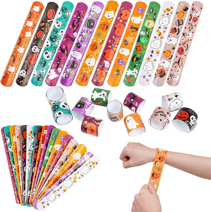 CCINEE 48pcs Halloween Slap Bracelets Assorted Bulk Pumpkin Zombie Witches Snap Bracelet Wristbands for Kids Halloween Party Gift Bag Filler Supply…