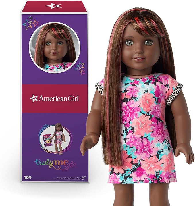 American Girl Truly Me 18-inch Doll #109 with Gray Eyes, Brown Hair w/Bangs & Highlights, Very Deep Skin, Dress, For Ages 6+