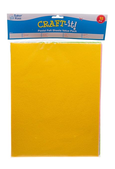 Baker Ross AW111 Pastel Felt Sheets - Pack of 15, Ideal for Cutting, Sticking and Creating in Kids Arts and Crafts Activities