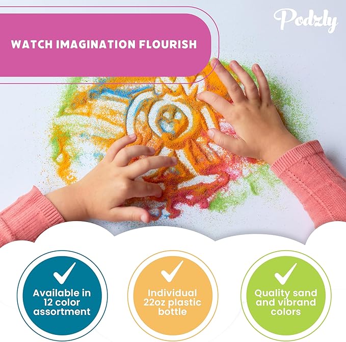 Podzly 16.5 Pound Colored Play Sand - Assorted Colorful Craft Art Available in 12 Colors! Perfect for Sand Art, Crafts, Kids' Projects, Rangoli Colors, and DIY Kits for Kids. Explore Your Creativity!