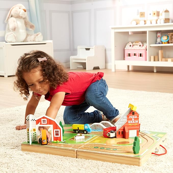 Melissa & Doug 17-Piece Wooden Take-Along Tabletop Farm, 4 Farm Vehicles, Play Pieces, Barn, Grain House Take-Along Pretend Play Toy Barn Toys For Toddlers Ages 1+