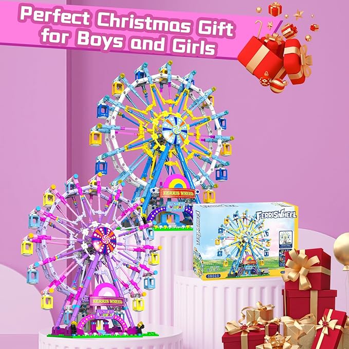 Motorized Ferris Wheel Building Set with Fairy Lights, 813 Piece Creative Toy Building Kit for Two-Way Rotation, Ideal Carnival Construction Kit for Kids Ages 6-12, Engaging Gift for jr Builder
