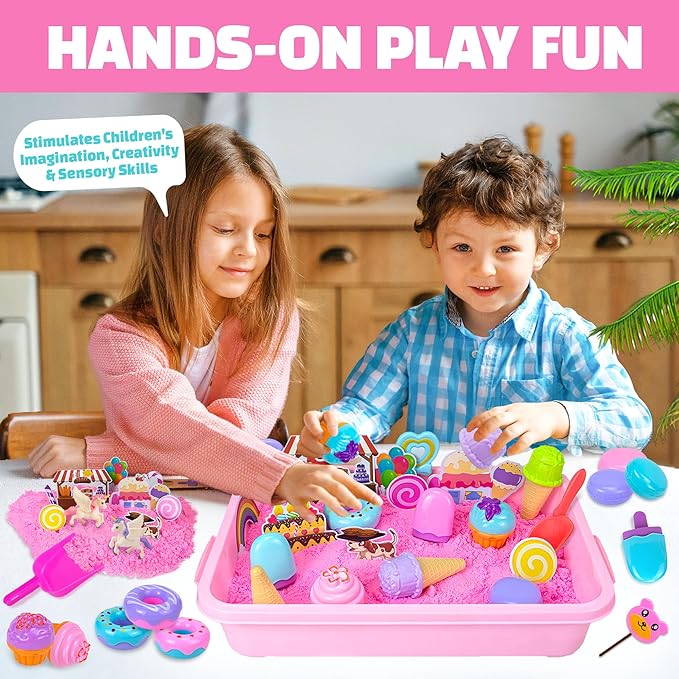Play Sand Kit - Ice Cream Sensory Bin Toy for Kids with 2.2lb Magic Sands, Ice Cream Molds and Cleaning Tools, Unicorn Tactile Toys for Kids 3-8