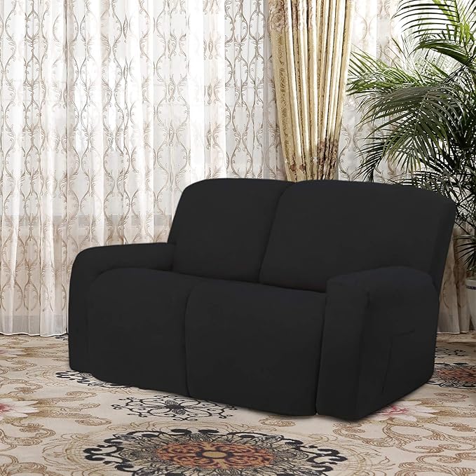 Easy-Going 6 Pieces Microfiber Stretch Sectional Recliner Sofa Slipcover Soft Fitted Fleece 2 Seats Couch Cover Washable Furniture Protector with Elasticity for Kids(Recliner Loveseat, Black)