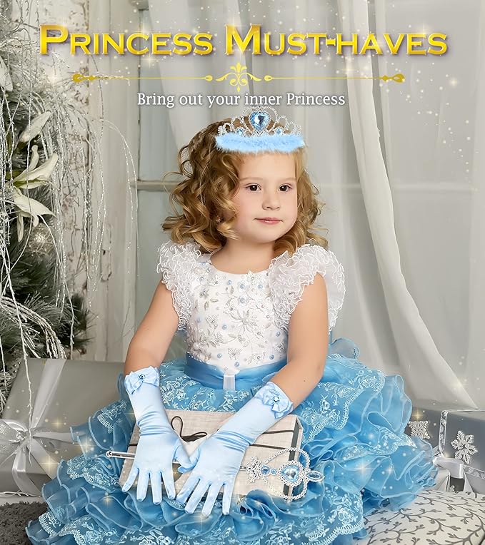 Princess Dress Up Accessories Princess Gloves, BIBUTY 7pcs Dress Up Set for Toddler Girls with Princess Crown, Wand, Gloves, Necklace, Earrings, Bracelet and Ring, Costume Toys for 3-6 yr Little Girls