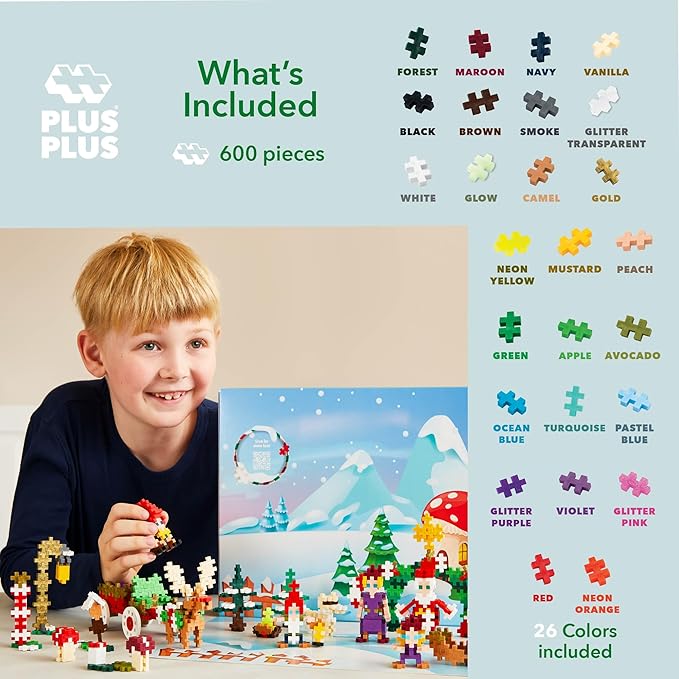 Plus Plus Christmas Advent Calendar 2024, 25 Kids Building Block Toys, Mini 3D Puzzle Kits, Fun Holiday Countdown Stem Gifts, 600 Pieces - Woodland Christmas