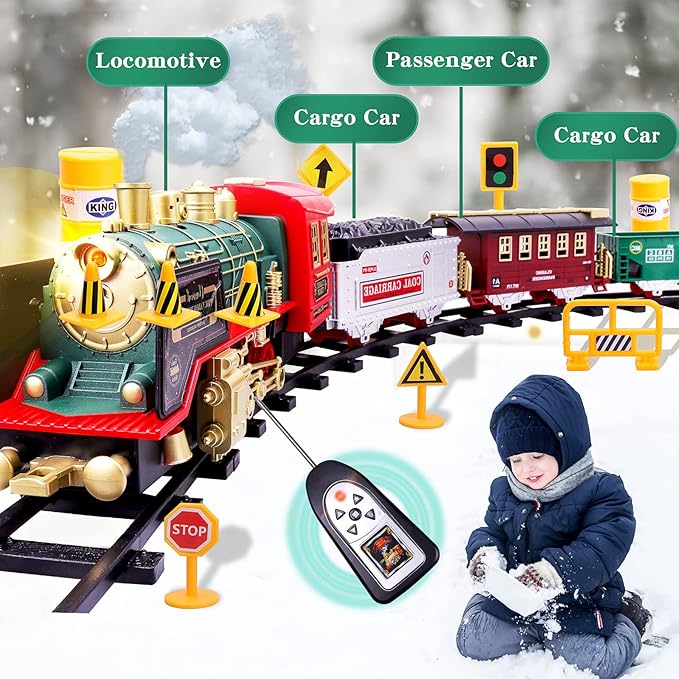Train Set, Remote Control Train Sets, Christmas Train Sets for Under The Tree, Steam Locomotive Engine with Smokes, Sounds and Light, Electric Train Toy Gift Toys