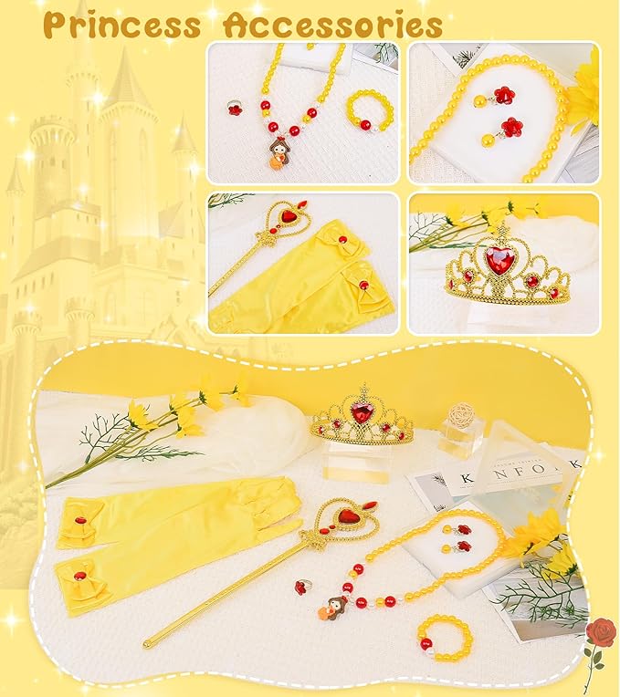 Princess Dress Up Clothes for Little Girls, Belle Costume Dress with Accessories for Birthday Party Cosplay Halloween