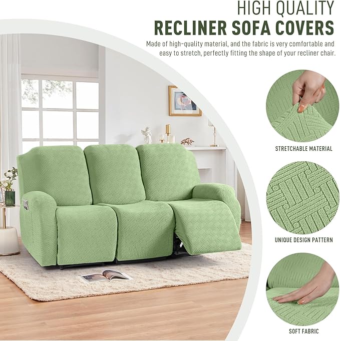 KinCam Recliner Covers, Stretch Reclining Chair Covers, Recliner Sofa Slipcovers Stripe Jacquard Recliner Couch Covers Furniture Protector Covers for Pet Kid (3 Seater, Light Green)