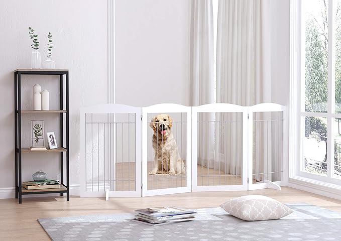 Spirich Extra Wide and Tall Dog gate for The House, Doorway, Stairs, Freestanding Foldable Wire Pet Gate for Dogs, 80-inch Wide,30 inches Tall, White (4 Pannels)