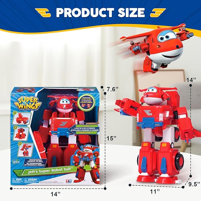 Super Wings 14" Transforming Jett's Super Robot Airplane | Action Figure | Ages 3-5 | Birthday Gift | Lights & Sounds