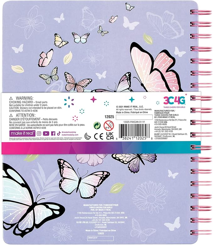 Three Cheers for Girls - Butterfly All-In-1 Sketchbook Set - Girls Diary, Journal, Sketch Book for Kids w/ Pencils, Stickers & More - Drawing Kit for Kids - Unlined Diary for Girls - Kids Sketch Pad