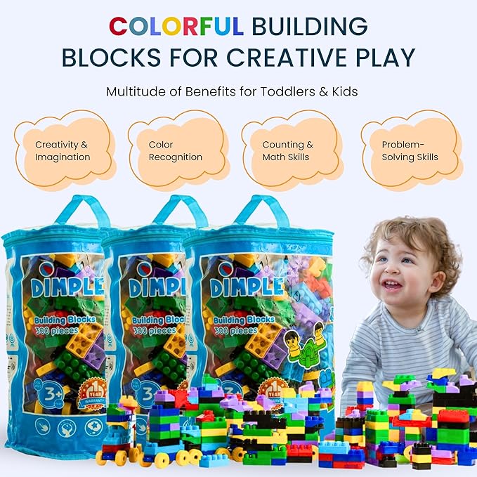 Dimple Large Blocks for Toddlers/Kids Stackable, Multi-Colored, Interlocking Toys Safe, Non-Toxic Plastic Bright Colors, Waterproof Boys and Girls Age 3 + (900 Pieces)