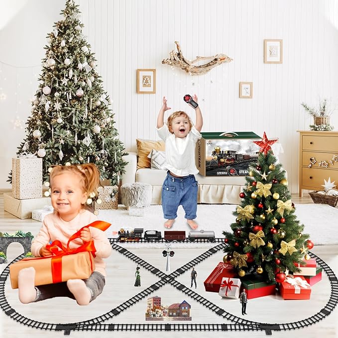 Train Set for Kids Remote Control Train Toys w/Steam Locomotive, Fuel Tank Car & Luxury Tracks, Electric Trains w/Realistic Smoke,Sounds & Lights, Christmas Birthday Gift for Boys Girls 3 4 5 6 7+