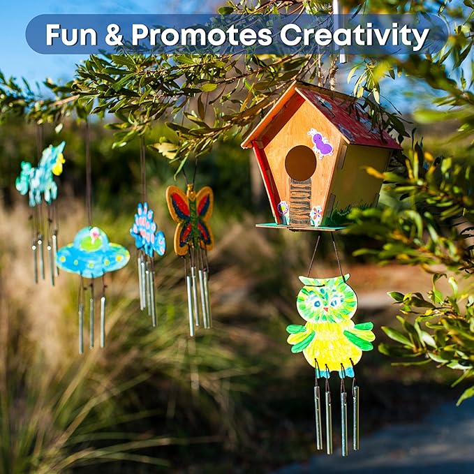 9 Wooden Birdhouses & 9 Wind Chimes -Art & Crafts for Kids Ages 4 5 6 7 8 - Kids Bulk Arts and Crafts Set with Painting Kit -DIY Wood Bird House and Windchimes Kits for Boys Girls to Build & Paint