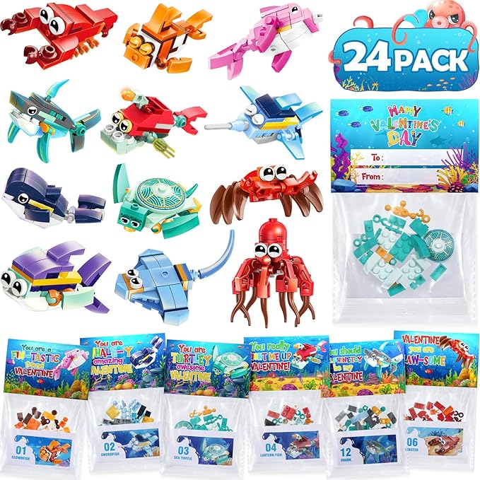 Valentines Day Gifts for Kids, 24 Pack Sea Animal Building Block Set with Valentines Day Cards for Kids Classroom School, Kids Party Favors Goodie Bags Classmate Exchange Gift Classroom Prizes