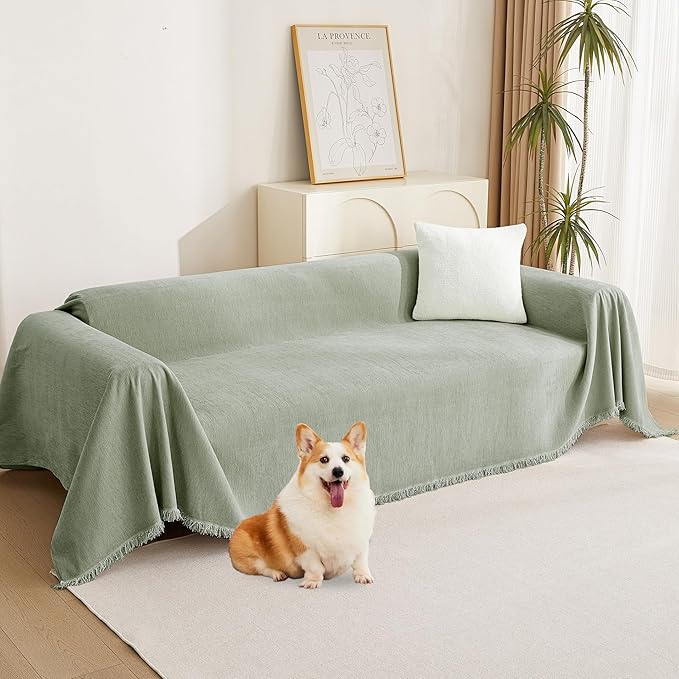 MYSKY HOME Easy Fitted Couch Cover for Dogs Stain Resistant Couch Cover Sage Sofa Covers for 2 Cushion Couch Multi-Use Sectional Couch Cover for Loveseat Universal Tassel Sofa Throw 91"X 118"