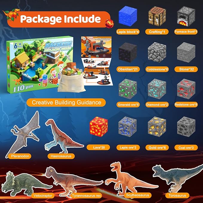 Magnetic Blocks 110PCS with 6 Animal Toys, Volcano Building Blocks Set, Toys for Boys & Girls Age 6-8, Stacking Building Toys for Toddlers Sensory Toy for Kids 6+