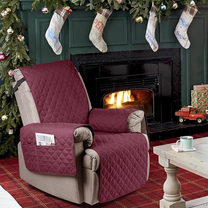 Ruaozz 100% Waterproof Recliner Chair Cover Non-Slip Reclining Cover for Recliner Chair Washable Chair Seat Cover with Elastic Straps for Kids, Dogs, Pets (Wine, 23'')