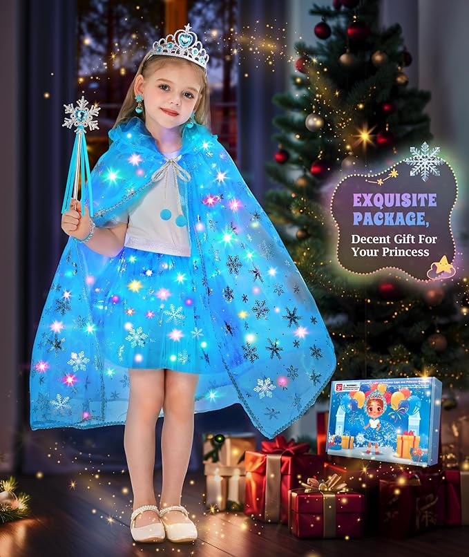 Princess Dress Up for Girls, Light up Princess Cape Princess Dress Costume Crown Wand Gifts for Toddler Girls 3 4 5 6