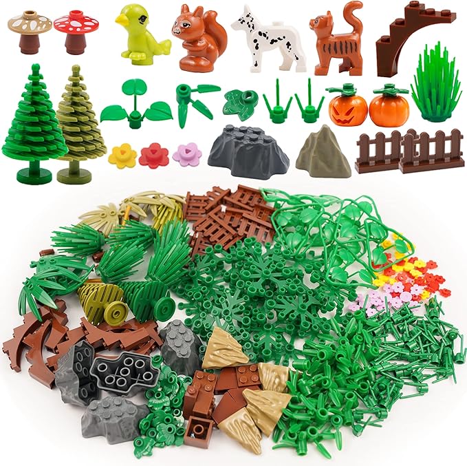 BroTex Plants Tree Accessories Jungle - Botanical Parts Bricks Flower Leaf Forest Flower Plants Pieces Building Blocks Set, Animals Farm Squirrel Birds Grass Garden House Toy (Without Baseplate)