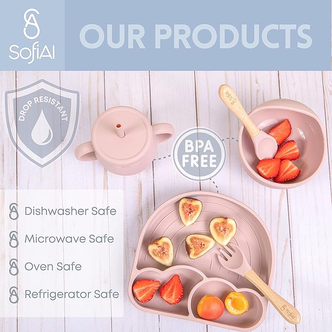All In One Silicone Baby Feeding Set By SofiAl - Safe for 6-12 Months - Non-Toxic Baby Led Weaning Supplies - Toddler Self Feeding Utensils - BPA-Free - Mess Free Baby Feeding Essentials