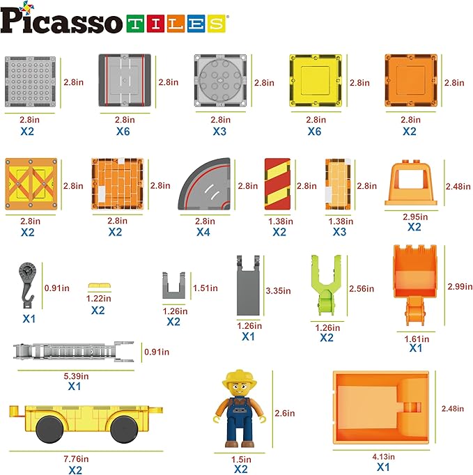 PicassoTiles Magnet Tile Construction Themed Building Blocks 5-in-1 Crane, Ladder, Dump Truck, Excavator, and Backhoe Action Figures, 2 Car Base Vehicles Magnetic Tiles Learning Toys Kids Ages3+ PTU06