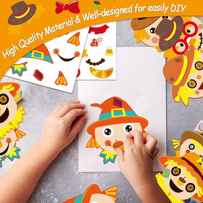 chiazllta 30 Pcs Thanksgiving Fall Craft for Kids Kindergarten DIY Scarecrow Craft Kits Fall Autumn Art Craft Make Your Own Scarecrow Head Set for Home Class Game Activities Preschoolers
