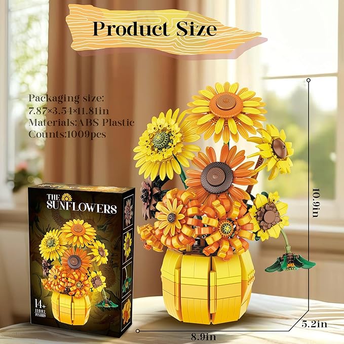Sunflower Building Set Flowers with Vase Van Gogh Botanical Collection for Adult -1009pcs Compatible with Lego