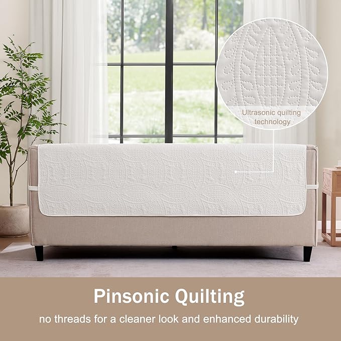 Soft Quilted Couch Cover with Pockets for Extra-Large Sofa, Anti-Slip Sofa Covers Washable for 3 Cushion Pet Friendly Medallion Oversized Sofa Cover Water-Repellent (X-Large Sofa 78", White)
