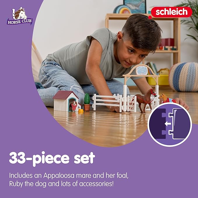 Schleich Horse Club — Hannah's Guest Horses Playset, 20-Piece Horse Stable Toy Set Including Mare, Foal, Hannah Doll and Dog Figurine, Horse Toys for Girls and Boys Ages 5+