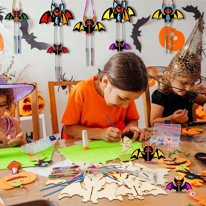 8 Pack Wind Chime Kit for Kids,Halloween Craft Kits Wooden 3D Bat Wind Chime Decorative Hanging Ornaments DIY Painting Craft for Boys Girls Halloween Activity Art Project