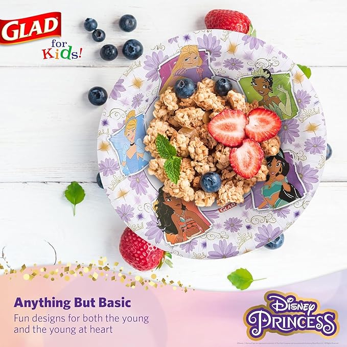 Glad for Kids Disney Princess 12oz Paper Bowls Disney Princess Paper Bowls, Kids Bowls, Kid-Friendly Paper Bowls for Everyday Use, 12oz Paper Bowls, 40 Count - 8 Pack