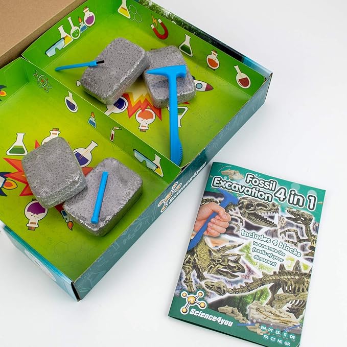 Science4you Dinosaur Fossil Excavation Kit 4 in 1 - Fossil Digging Kit for Kids, Build 4 Dinosaur Fossils, 46 Pieces, Archeology Set, Hunting Kit - Dinosaur Toys, Games for Boys and Girls Age 6+