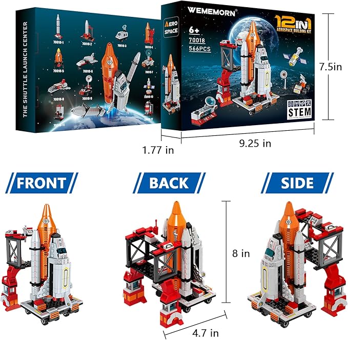 WEMEMORN Space Exploration Shuttle Rocket Toys for 6 7 8 9 10 11 12 Year Old Boys Kids, 12-in-1 STEM Aerospace Building Blocks Kit Toys, Ideal Birthday for Aged 6-12 Year Old Boys (566Pieces)