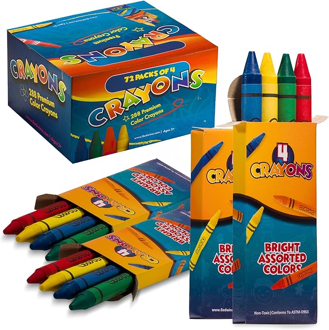 Bedwina Bulk Crayons - 288 Crayons - (Case of 72 4-Packs) Premium Coloring Colors for Kids and Toddlers, Non-Toxic, for Party Favors, Restaurants, Prizes, Goody Bags, Stocking Stuffers