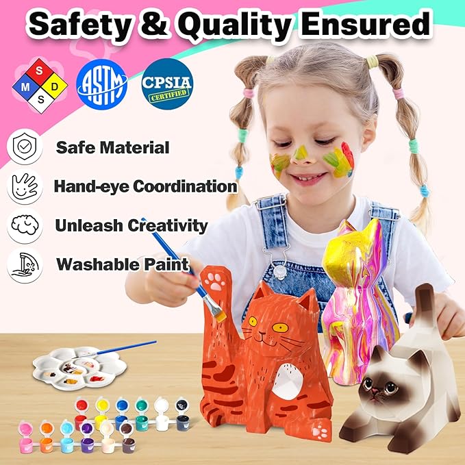 FUNZBO 3Pcs Paint Your Own Cat Lamp Kit - Art & Craft Supplies Kitten Painting Kits, Arts and Crafts for Kids Adults, DIY Night Light Toys Christmas Gift for Girls Boys Ages 3 4 5 6 7 8 9 10 11 12 13+