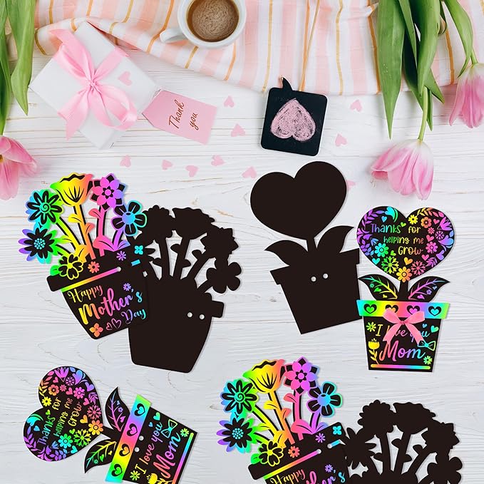 BeYumi Flower Scratch Cards Craft - 60Pcs Valentine’s Day Flower Scratch Cards Craft Kit for Kids DIY Flower Pot Heart Magic Rainbow Color Craft Valentine Gift School Classroom Home Fun Activities