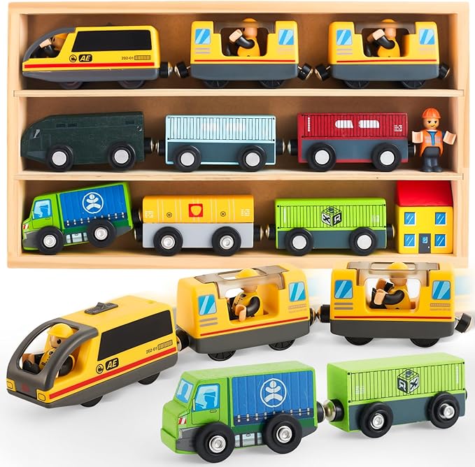 Electric Train Set Toys Wooden Magnetic Cars - Locomotive Auto Forward/Backward/Park, Gift for 3 4 5 6 Year Old Toddlers Kids Boys Truck Trains Toy, Compatible with Common Wooden Train Tracks
