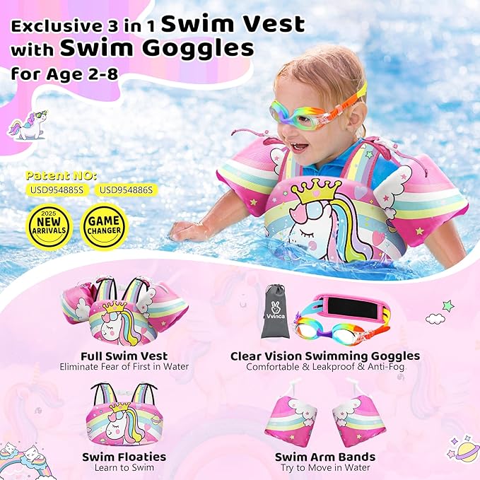 Vvinca Separable Toddler Swim Vest Fit 22-66 Lbs（1-6 Years）|2025 Newest 3 in 1 Pool Float & Arm Bands Boys and Girls, Adjustable Sturdy Safety for Infant 1 2 3 4 5 6 Year