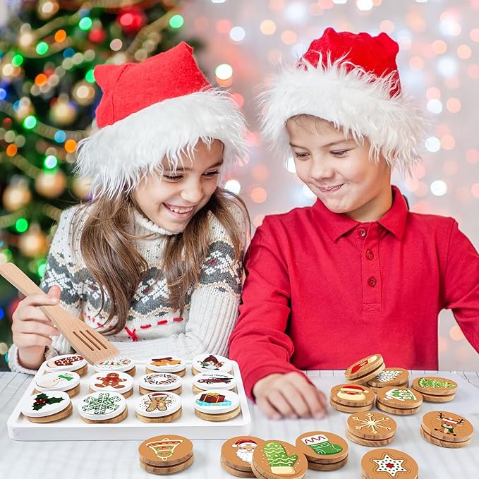 Soaoo 2 Sets Slice and Bake Wooden Christmas Cookie Play Food Set Pretend Cookies and Baking Sheet Wooden Play Food Set Baking Set for Kids(Christmas Style)