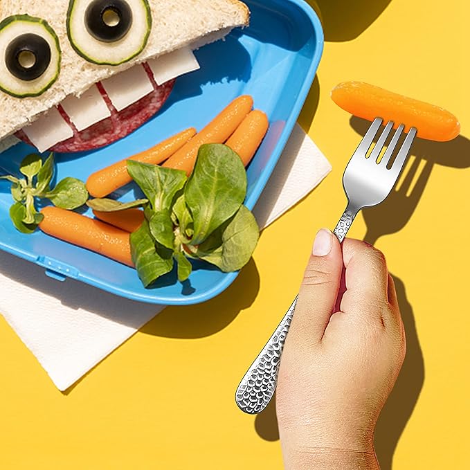 E-far Stainless Steel Kids Forks, 6-Piece Toddlers Forks Safe for Preschooler/Children, Hammered Adult look & Small Size, Rust Free & Dishwasher Safe