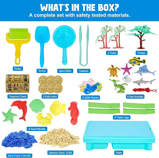 Ocean Sensory Table with Sensory Sands,Ocean Sensory Bin with Lid,Ocean Toy for Kids,Indoor Outdoor Use,Sand Art kit for Boys and Girl,Sensory Toys for Toddlers Age 3-5, 17x11.5x10.2 inches