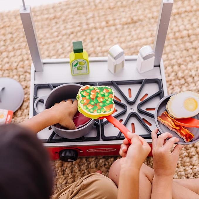 Melissa & Doug 19-Piece Deluxe Wooden Cooktop Set with Wooden Play Food, Durable Pot and Pan
