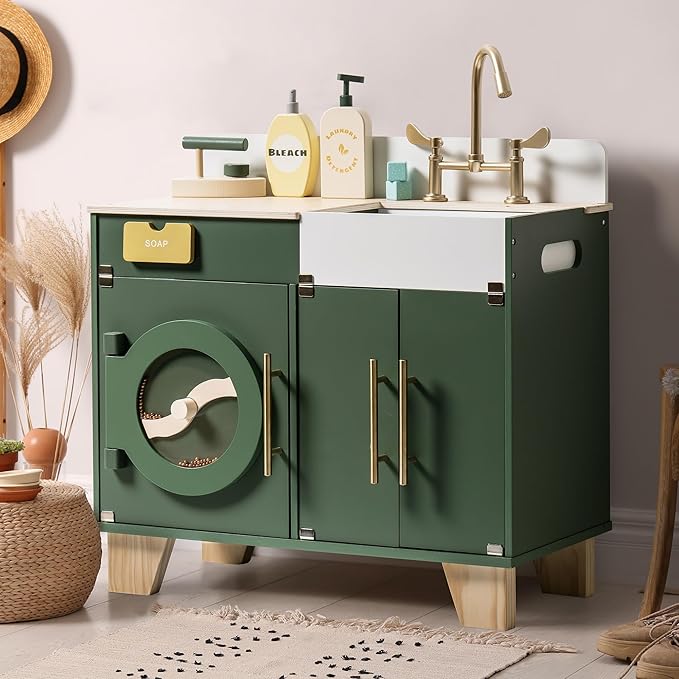 ROBOTIME Play Kitchen Set- Wooden Toy Washing Machine, Kids Washer and Dryer for Kids Kitchen Playset with Realist Sound/Iron, Pretend Play Kitchen for Toddlers (Vintage Green)