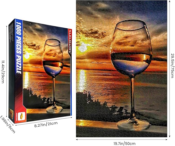 najiaxiaowu Adult Puzzles 500 Pieces DIY Sunset Sea Wine Glass Wooden Puzzles Children and Elderly Puzzles Modern Home Decor Wall Art Unique Gift 52 cm x 38 cm(20.5 x 15 in)