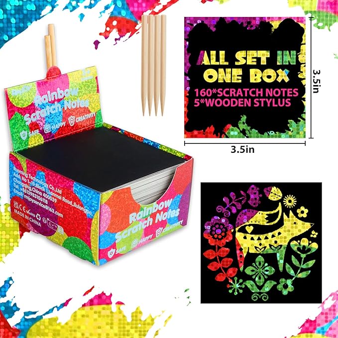 Scratch Art Mini Notes: 160 Holographic Rainbow Scratch Paper Magic Craft Card DIY Kit Supplies Party Favor Gift Toy for Kid Art Craft Bulk Set for Girl Boy Birthday Halloween Stocking Stuffer