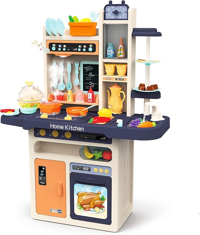 JOYIN 65PCS Kids Kitchen Playset (Easy Assembly), Play Kitchen with Realistic Lights & Sounds, Simulation of Spray, Play Sink with Running Water, Dessert Shelf Toy & Kitchen Accessories Set