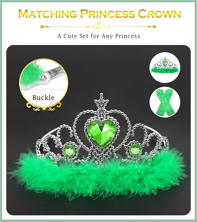 Princess Dress Up Accessories Princess Gloves, 7pcs Dress Up Set for Toddler Girls (Green, 7PCS)
